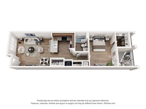 A 3D floor plan of a house with a kitchen, living room, and bedrooms.